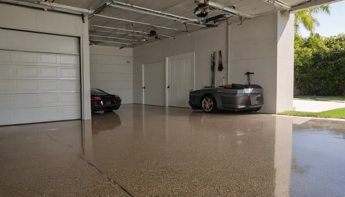Freshly coated epoxy garage floor with flakes in a home in Miami Beach